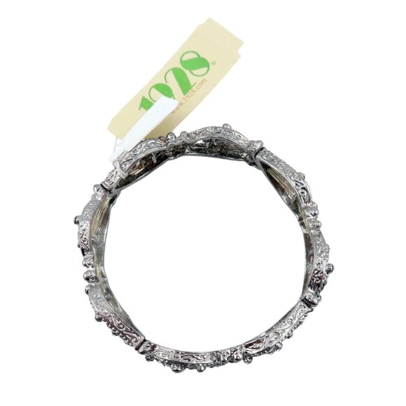 1928 Jewelry Clear Round Cut Crystal Leaf Design Silvertone Stretch Bracelet NWT - Picture 3 of 3